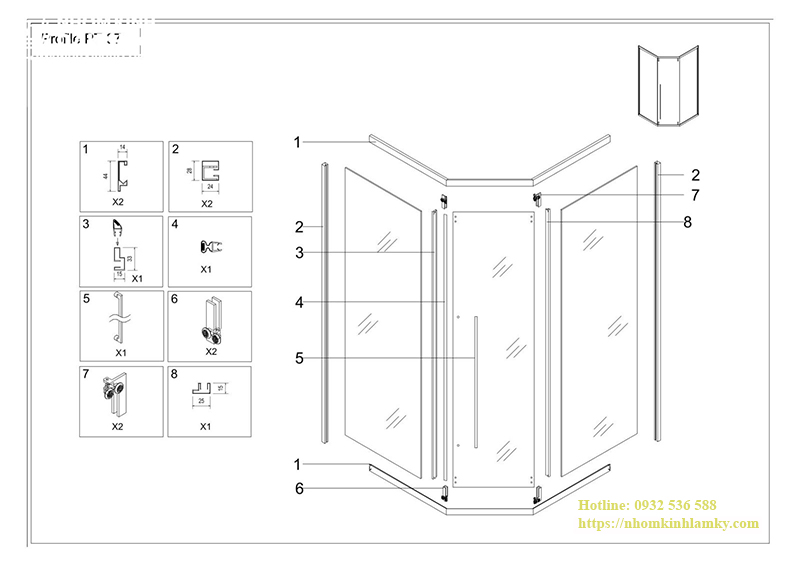 Bản vẽ kỹ thuật phòng tắm kính 135 độ thương hiệu Papo Bản vẽ kỹ thuật phòng tắm kính 135 độ thương hiệu Papo